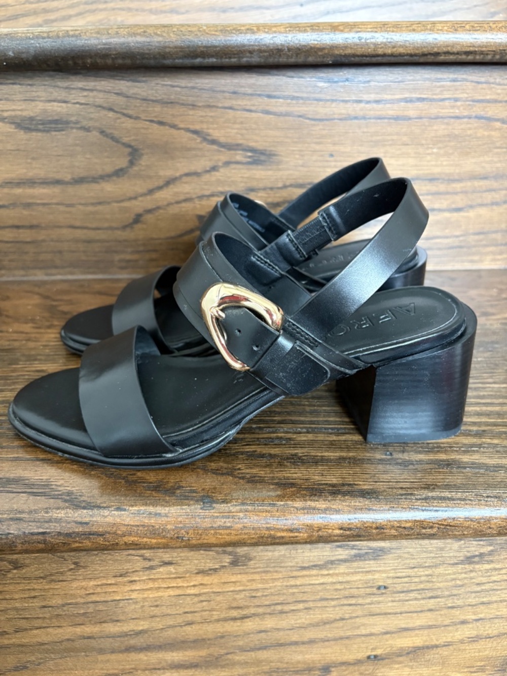 Aerosoles' Ellazia Buckle Strap Black Leather Sandal Heels - Picture 2 of 8